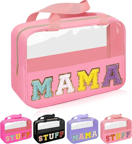 Vista 12 de Iqimott Bolsa de bebé con parche de letras de chenilla, bolsa de cosméticos transparente para maquillaje, bolsa grande de almacenamiento