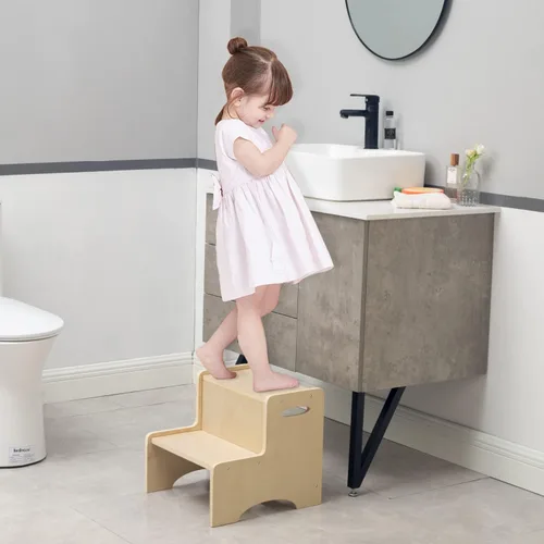 Vista 3 de WOOD CITY Taburete de Paso de Madera para Niños Pequeños, Taburete para Baño y Cocina, Taburete Natural de Dos Niveles para Dormitorio, Taburete