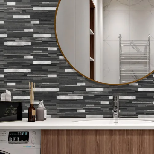 Vista 2 de STICKGOO 2 Hojas de Azulejos Adhesivos Despegables para Salpicadero, Azulejos Adhesivos para Salpicadero de Cocina y Baño, Aspecto de Madera Negro