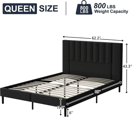 Vista 2 de Flolinda Base de cama de plataforma tamaño Queen con cabecera tapizada de terciopelo y soporte de listones de madera, base de colchón totalmente