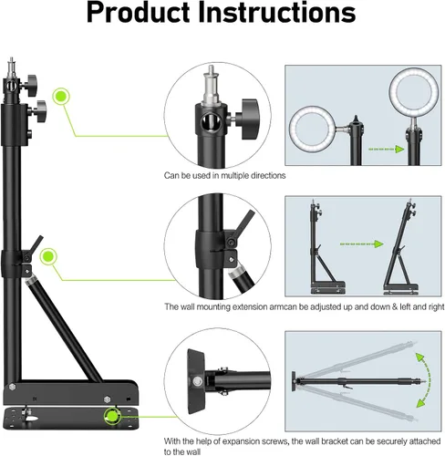 Vista 5 de Soporte de luz de anillo – Brazo triangular de montaje en pared, soporte de pared de 4.3 pies, soporte de tirpod de rotación flexible de 180°