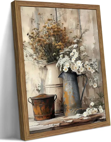 Vista 8 de Arte de pared campestre, cuadros decorativos de pared estilo granja, impresiones en lienzo de margaritas rústicas, pinturas de arte de regadera