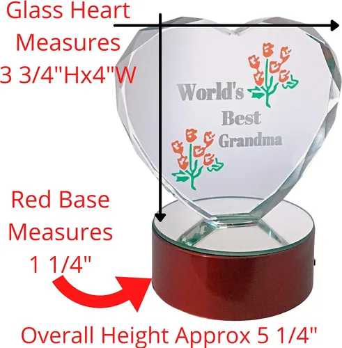 Vista 6 de Corazón para la abuela con luz LED con la leyenda "World 's Best Grandma" Corazón de vidrio grabado corazón en base de luz LED.