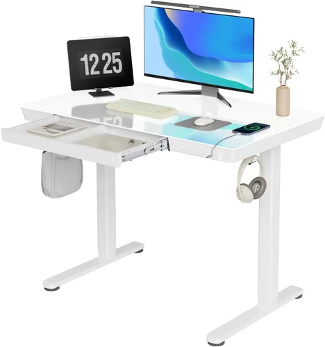 Vista 16 de Claiks Escritorio de pie pequeño de cristal con cajones y puertos USB 32x19 negro