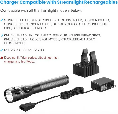 Vista 5 de Cargador de base de linterna compatible con Streamlight Stinger HP DS HPL Classic XT Series, Strion LED HL, Survivor, Litebox, Kuncklehead