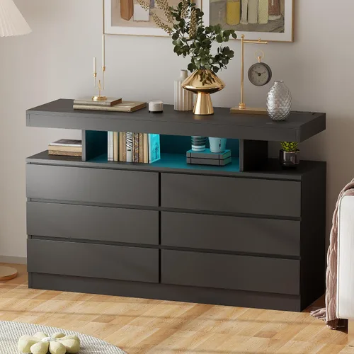 Vista 9 de BEWISHOME Cómoda negra para dormitorio con estación de carga y luces LED, cómoda de 6 cajones, cómodas de madera para armario, cómodas modernas