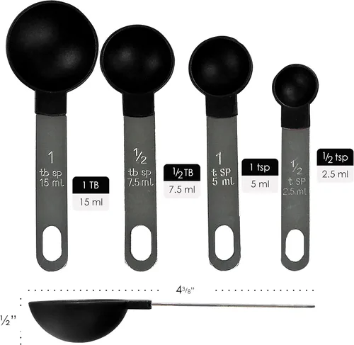 Vista 3 de Reston Lloyd 4 cucharas medidoras para ingredientes secos y líquidos, plástico de grado alimenticio con asas de acero inoxidable, color negro