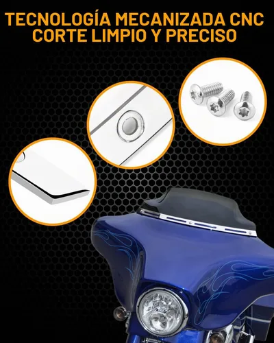 Vista 4 de PBYMT Parabrisa biselada con ranuras pulidas de acero inoxidable en forma de murciélago, cromada, compatible con Harley Tri Electra Street Glide