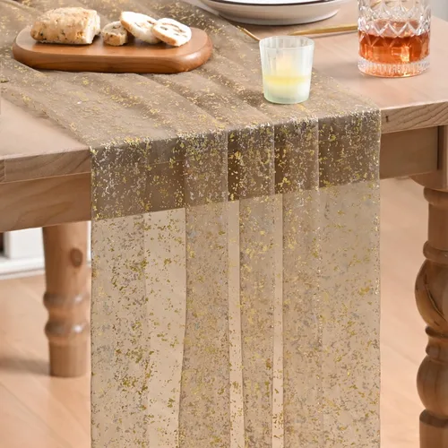 Vista 30 de Artoid Mode Camino de mesa de gasa color beige dorado de 120 pulgadas, 10 pies, lámina metálica con purpurina transparente para comedor, boda
