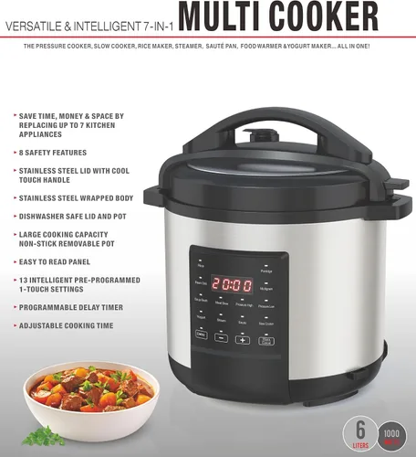 Vista 2 de EMB Ironblade - Olla a presión programable 7 en 1, 6 litros, acero inoxidable de 1000 W, olla de cocción lenta, arrocera, vaporera, sartén