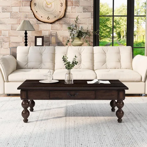 Vista 6 de Homora Mesa auxiliar rectangular de madera con cajón de almacenamiento, mesa de cóctel vintage con patas de madera maciza en forma de calabaza, mesa