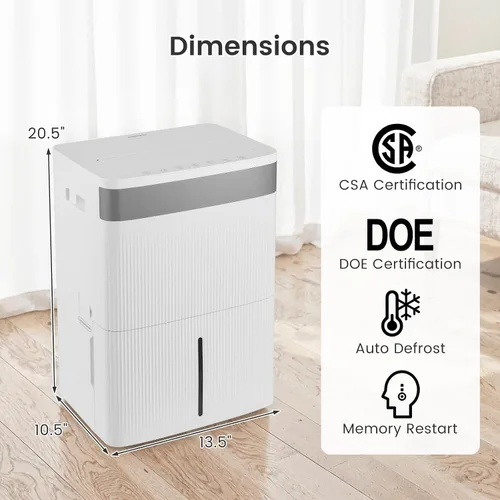 Vista 8 de COSTWAY Deshumidificador para sótano, deshumidificador para el hogar con mango conveniente, tanque de 1.4 galones, descongelación automática