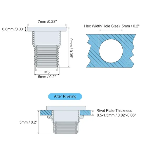 Vista 2 de uxcell M3 Tuercas de remache con cuerpo hexagonal, 60 unidades de acero inoxidable 304 con cabeza plana y rosca interna