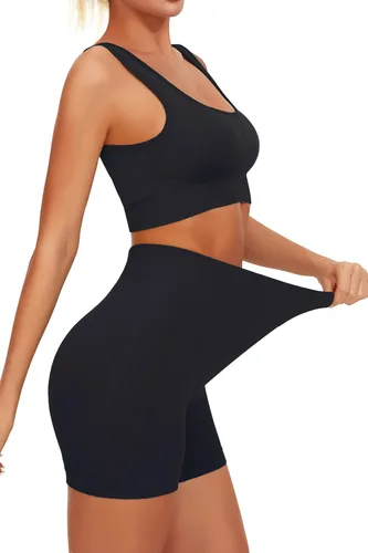 Vista 3 de JOYSPELS Conjuntos de entrenamiento para mujer, 2 piezas, sin costuras, acanalados, cintura alta, levantamiento de glúteos, con brasier deportivo