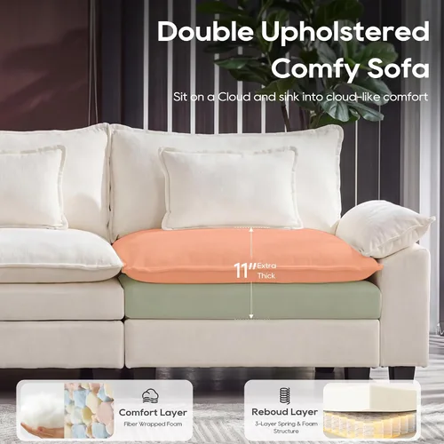 Vista 3 de URRED Sofá modular de gran tamaño, 87 pulgadas en forma de L, moderno y cómodo sofá nube con otomana móvil y almohadas, sofás de asiento profundo
