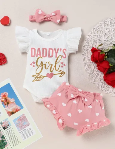 Vista 2 de My First Valentine's Day Outfit Baby Girl Love Ropa estampada para niñas recién nacidas con volantes y manga con volantes, color rojo, Rojo y rosado