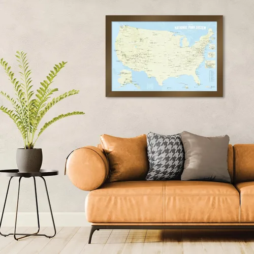 Vista 2 de Póster de unidades del sistema de parques nacionales de EE. UU., mapa de 24 x 36 pulgadas (beige y azul claro)