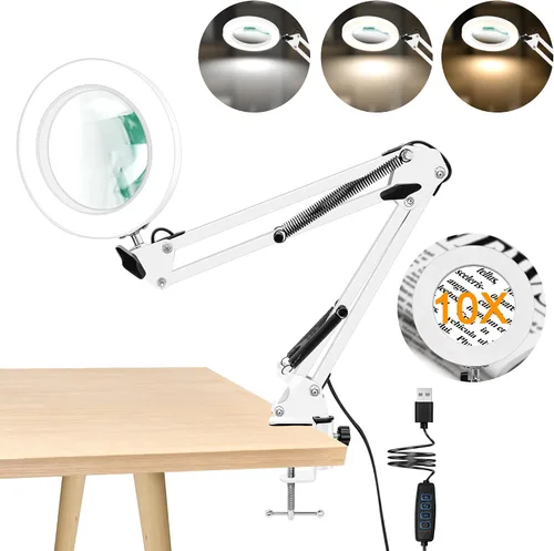 Vista 10 de Lupa de Aumento 10X con Luz y Abrazadera, Lupa de Cristal Real con LED Iluminada, 3 Modos de Color 10 Niveles Regulables, Lámpara de Aumento