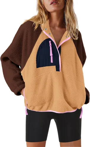 Vista 9 de Nirovien - Chaqueta de forro polar con capucha para mujer, manga larga, sherpa, sudadera mullida, abrigada, con botones y bolsillos Un rosa