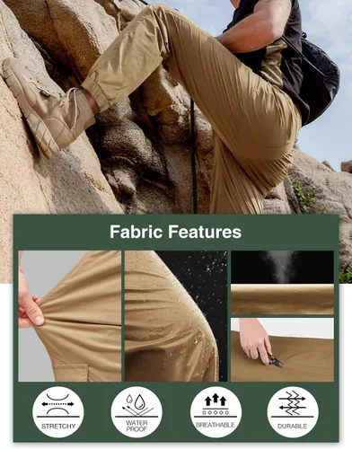 Vista 4 de PULI Pantalones de viaje ligeros para hombre, elásticos, elásticos, impermeables, de secado rápido, con bolsillos