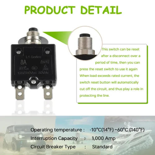 Vista 5 de Disyuntor de botón de reinicio manual 8A, 125/250 V CA, 50 V, CC, protector de sobrecarga térmica con terminales de conexión rápida y tapas de botón