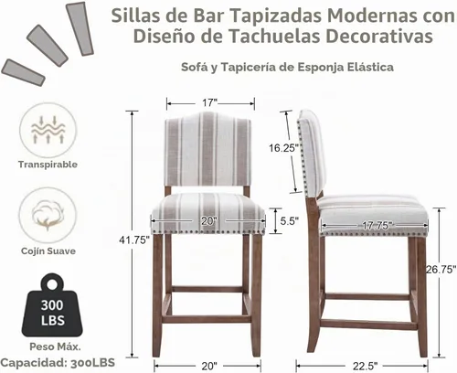 Vista 2 de CIMOTA Juego de 2 Taburetes de Bar de Altura de Mostrador Estilo Granja, Sillas de Bar de Mediados de Siglo, Taburetes de Mostrador, Taburetes