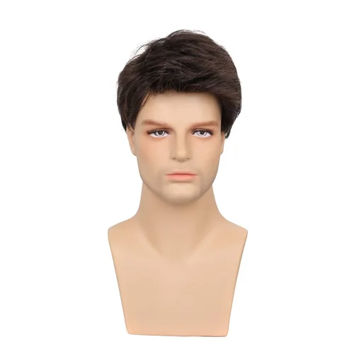 Vista 3 de Kaneles Mens Wig Short Drak Brown Wigs Layered Natural Cosplay Party Costume Hair Full Wig for Male Guy