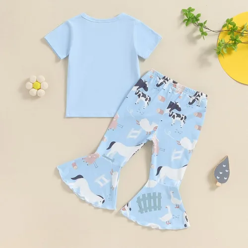 Vista 21 de fhutpw Conjunto de camiseta de manga corta con estampado de vaca y pantalones acampanados de dibujos animados para niñas