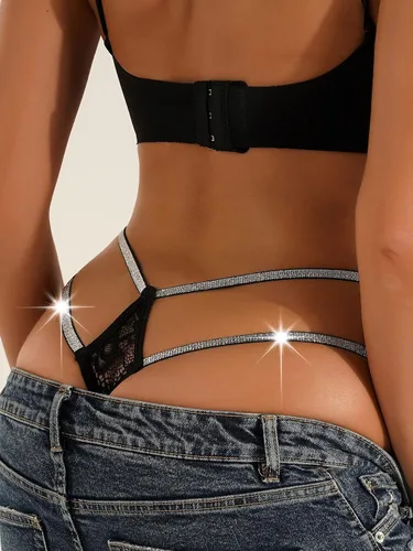 Vista 2 de WDIRARA Tanga con purpurina y espalda en T para mujer, ropa interior de una pieza