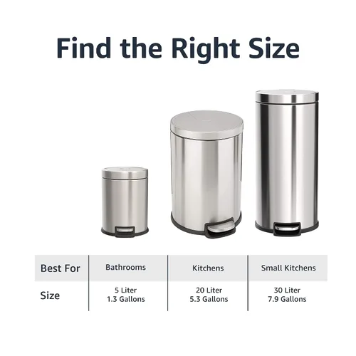 Vista 4 de Amazon Basics Bote de basura cilíndrico redondo con tapa de cierre suave, pedal de pie, cubo interior extraíble, resistente a las manchas, 20 l/5.3
