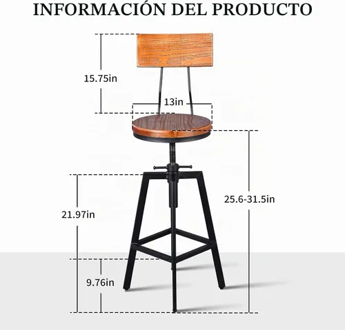 Vista 2 de Taburetes de bar industriales con respaldo de madera de 25 a 32 pulgadas de altura ajustable para isla de cocina, silla de comedor, taburete extra