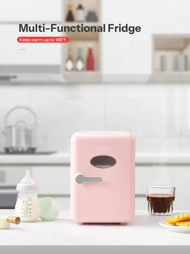 Vista 4 de Reemix Mini nevera, 4L/6 latas, enfriador portátil retro para uso doméstico de 120 V y 12 V CC, refrigerador para el cuidado de la piel para Rosa