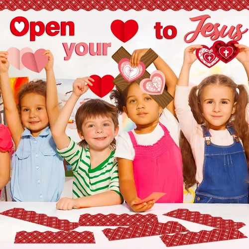 Vista 7 de CY2SIDE Juego de 99 piezas de recortes para tablón de anuncios, diseño de corazón rojo de Pascua, cruz plegable, etiquetas de nombre para la escuela