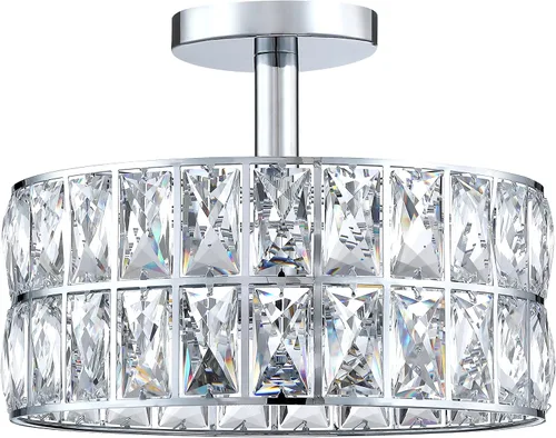 Vista 2 de Lámpara de techo de tambor de cristal cromada de 12 pulgadas, montaje semiempotrado, accesorio de granja para sala de estar, comedor, dormitorio