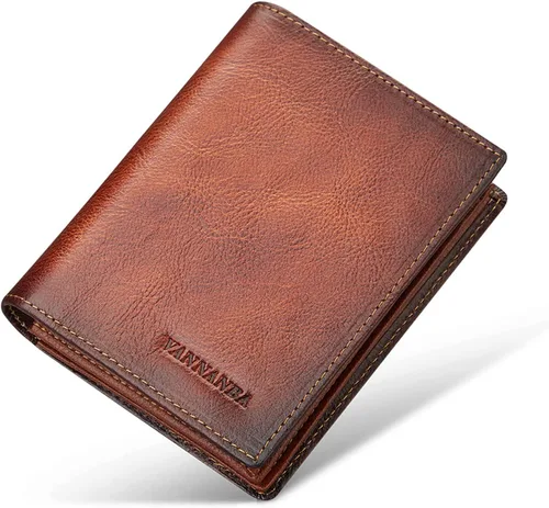 Vista 7 de Billetera de cuero de grano completo para hombres con RFID plegable con ventana de identificación lateral abatible 2, Amarillo Marrón, Classic