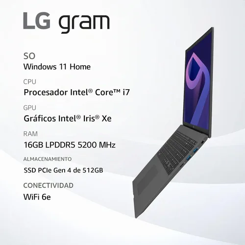 Vista 3 de LG gram (2022) Laptop 15Z90Q con pantalla táctil de 15.6", Intel Core i7 de 12ª generación, 16 GB de RAM, SSD de 512 GB, Windows 11, Gris