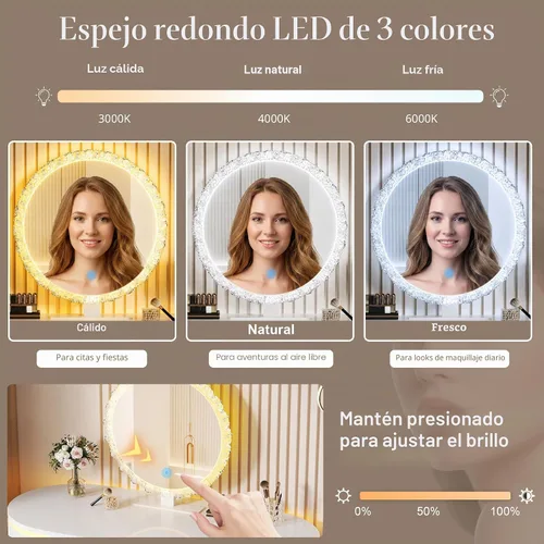 Vista 3 de KDCAS Escritorio redondo de maquillaje con espejo y luces, escritorio moderno de piel sintética con gabinete lateral reversible, mesa de tocador