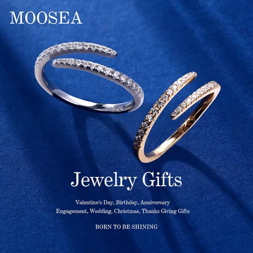 Vista 2 de MOOSEA Anillos de moissanita abiertos para mujer, oro blanco de 14 quilates, color vermeil D, claridad VVS1, anillos a juego, anillos de eternidad