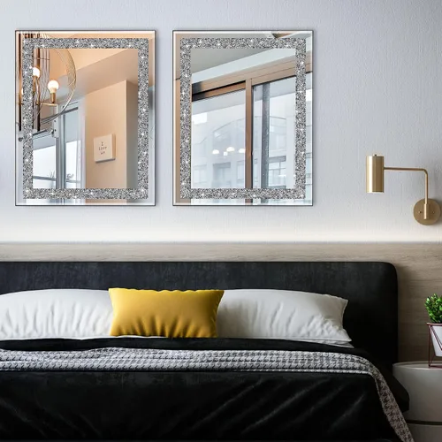 Vista 2 de Ruomeng Espejo de pared rectangular, 16 x 20 pulgadas, diamante de cristal aplastado, baño, entrada y dormitorio