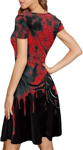 Vista 5 de Amzprint Disfraz de Halloween de calavera de azúcar y esqueleto con huesos cruzados de rosa, elegante, casual, minivestido acampanado para fiesta