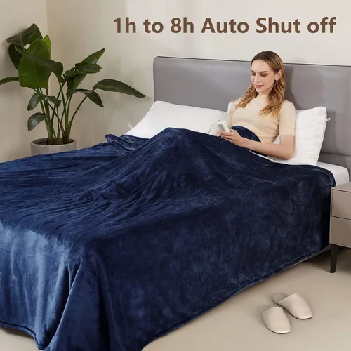 Vista 5 de Manta térmica eléctrica tamaño Queen de 84 x 90 pulgadas con 6 niveles de calefacción y apagado automático de 8 horas, franela ultra suave, manta