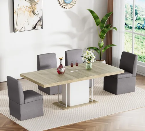 Vista 14 de Juego de mesa de comedor extensible para mesa de cocina extensible de 4, 5 piezas y 4 sillas de almacenamiento ocultas de lino tapizadas de madera
