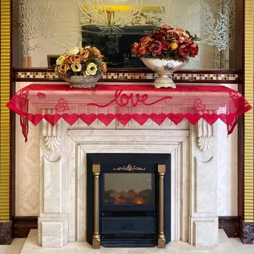 Vista 6 de Bufanda de manto de corazón rojo para decoración de chimenea, cubierta de mantel de encaje para decoración del hogar, sala de estar, decoración