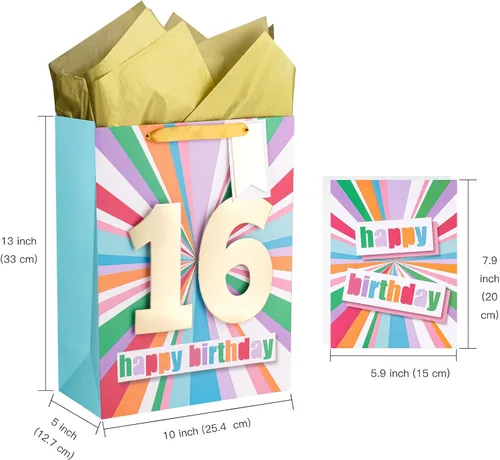 Vista 2 de WRAPAHOLIC Bolsa de regalo de cumpleaños grande de 13 pulgadas con tarjeta y papel de seda - 16 cumpleaños Feliz cumpleaños número 16
