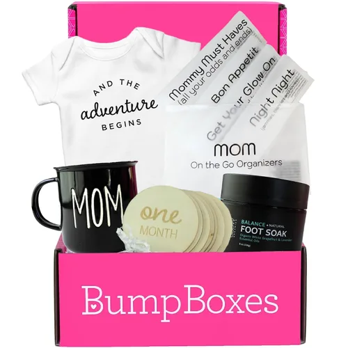 Vista 8 de Bump Boxes Regalos de embarazo para el primer trimestre para futuras mamás con botella de agua, diario, loción y tarjetas de hitos, regalo