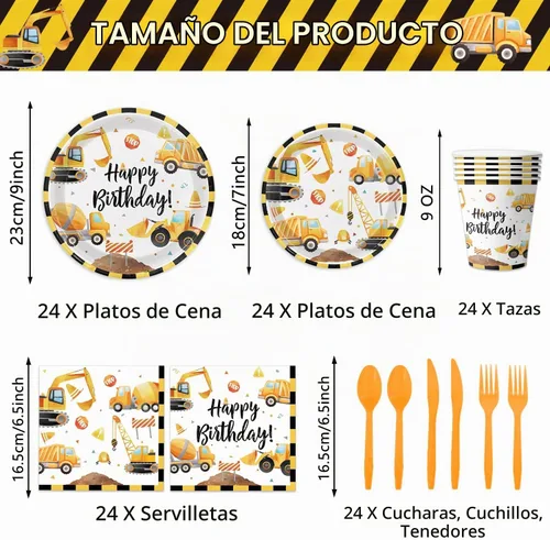 Vista 2 de Suministros de fiesta de cumpleaños de construcción, decoraciones temáticas de construcción, incluye platos, vasos, servilletas, cubiertos, perfecto