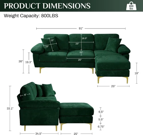 Vista 2 de OUYESSIR Sofá modular en forma de L, sofá de terciopelo de 3 plazas con otomana y almohadas, cómodo sofá cama tapizado para sala de estar, Verde