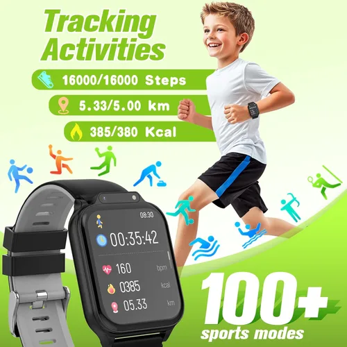 Vista 4 de Reloj inteligente para niños de 1.85 pulgadas con rastreador de fitness, monitor de sueño, más de 22/100 modos deportivos, esfera de bricolaje, IP68