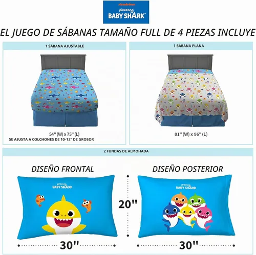 Vista 4 de Franco - Juego de sábanas de microfibra súper suave para niños, tamaño matrimonial, Baby Shark Tiburón bebé