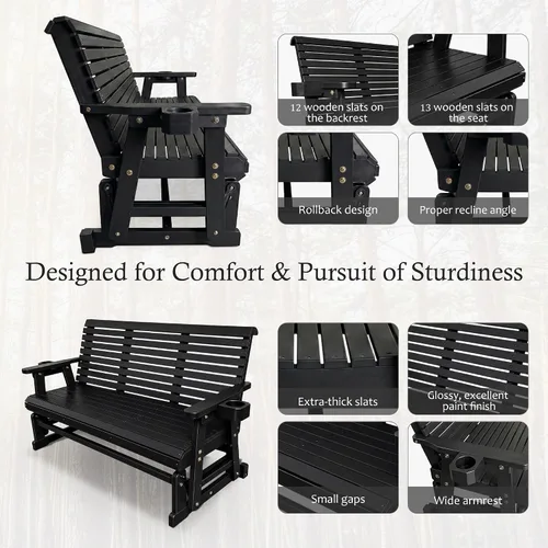 Vista 6 de Fortune Candy Planeador de patio con portavasos, respaldo alto y asiento contorneado profundo, resistente 800 libras (negro, 3 plazas)